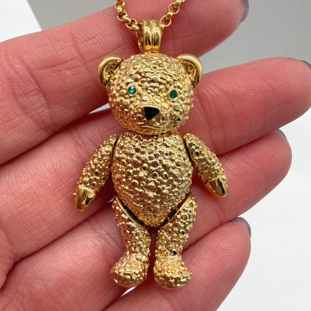 Vintage Napier Articulated Teddy Bear Necklace Green Eyes Gold Tone 31"